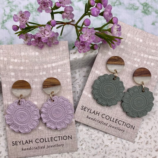 Mandala Dangles | White Resin & Walnut Post